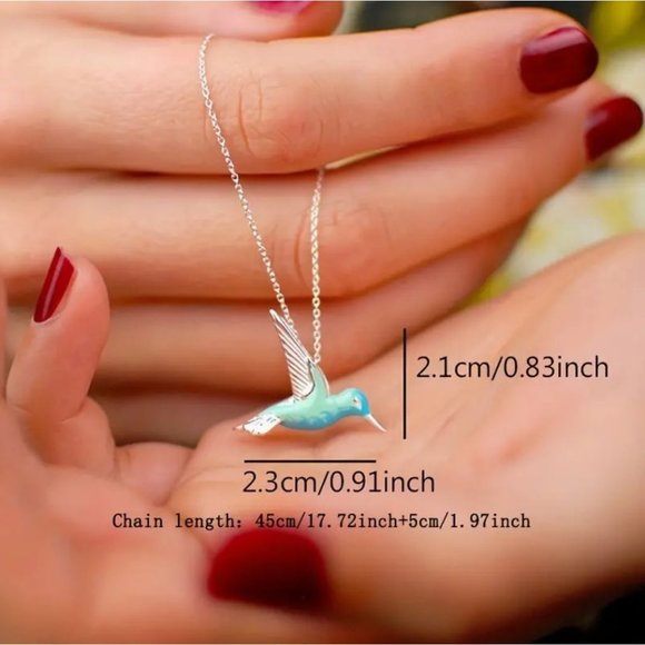 Hummingbird Necklace Pendant Blue Green Enamel Silver Tone on Chain - Picture 4 of 4